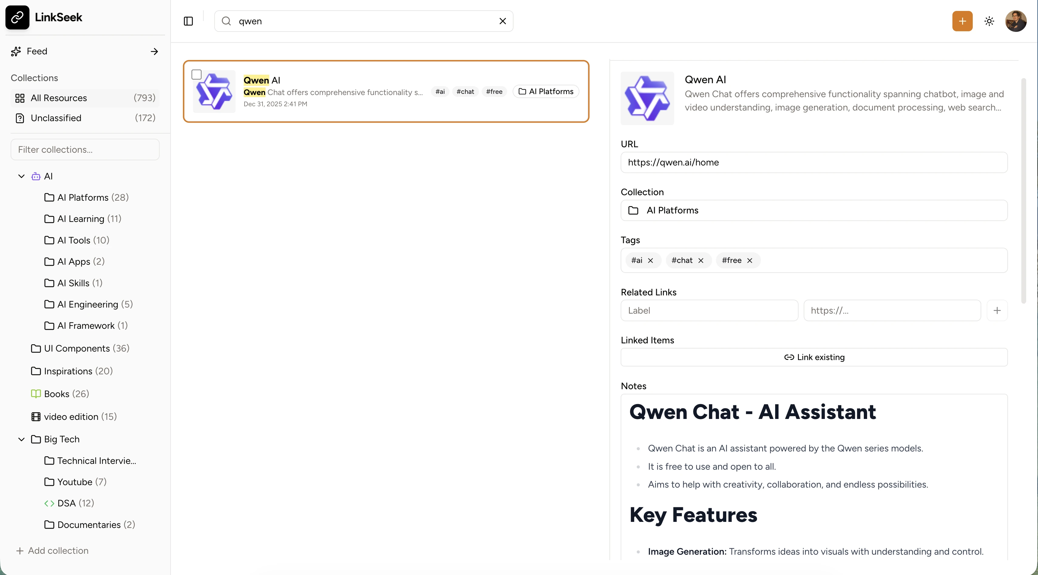 Linkseek bookmark details with tags, related links, and notes.
