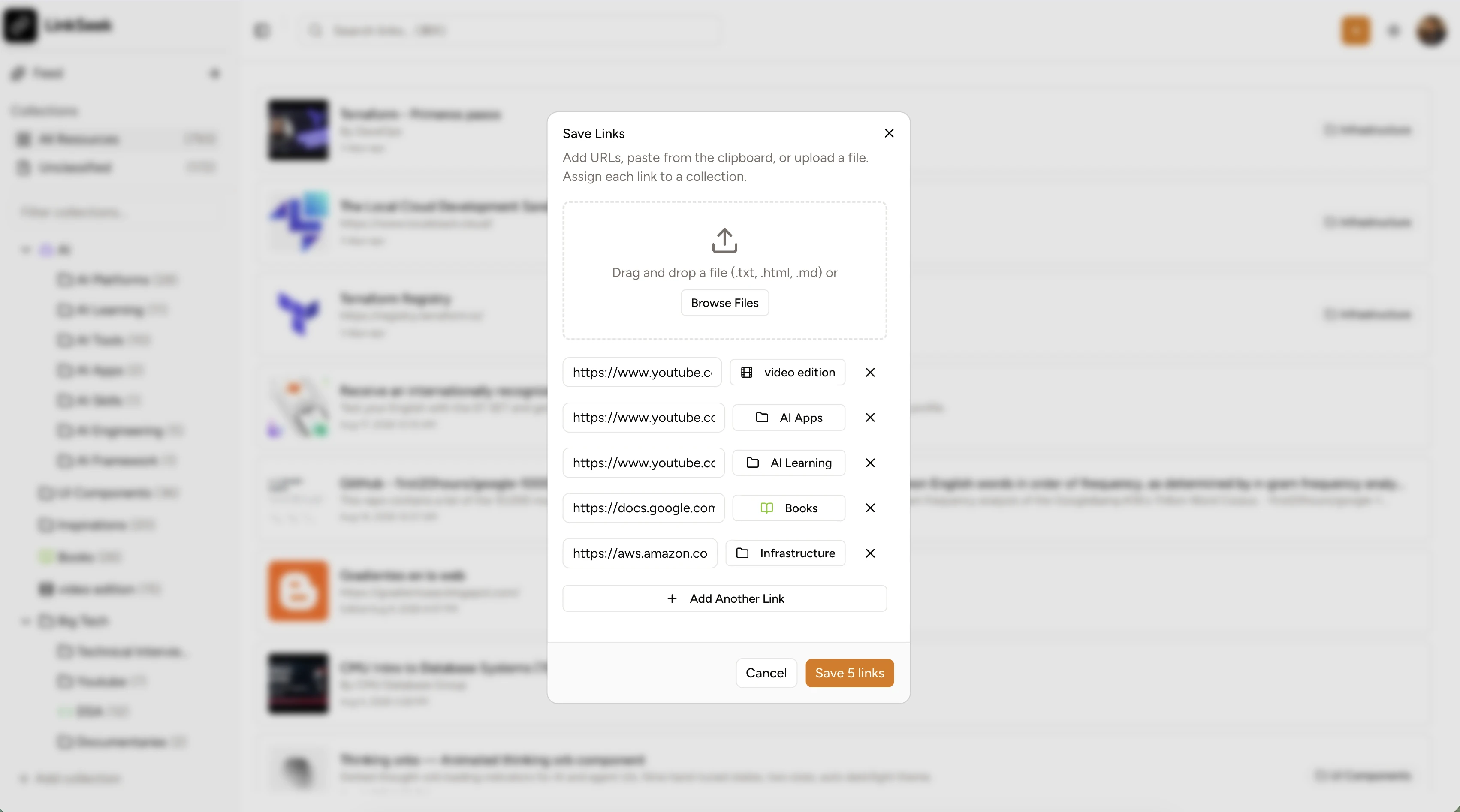 Linkseek import dialog for saving multiple links into collections.