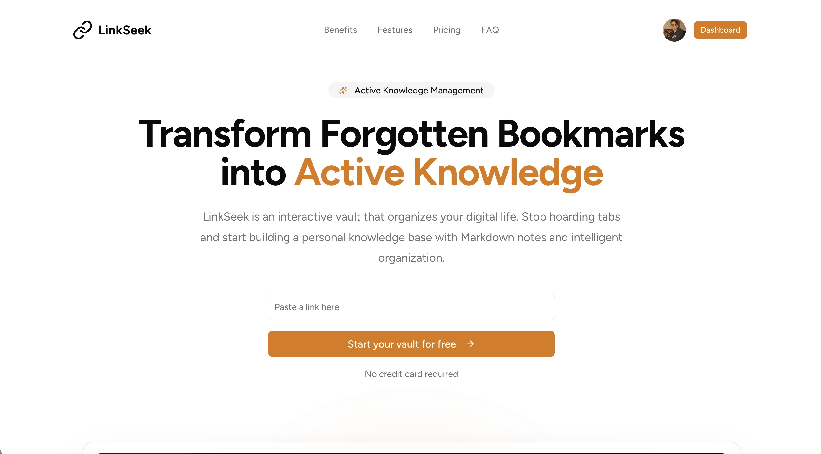 Linkseek landing page introducing the bookmark manager.