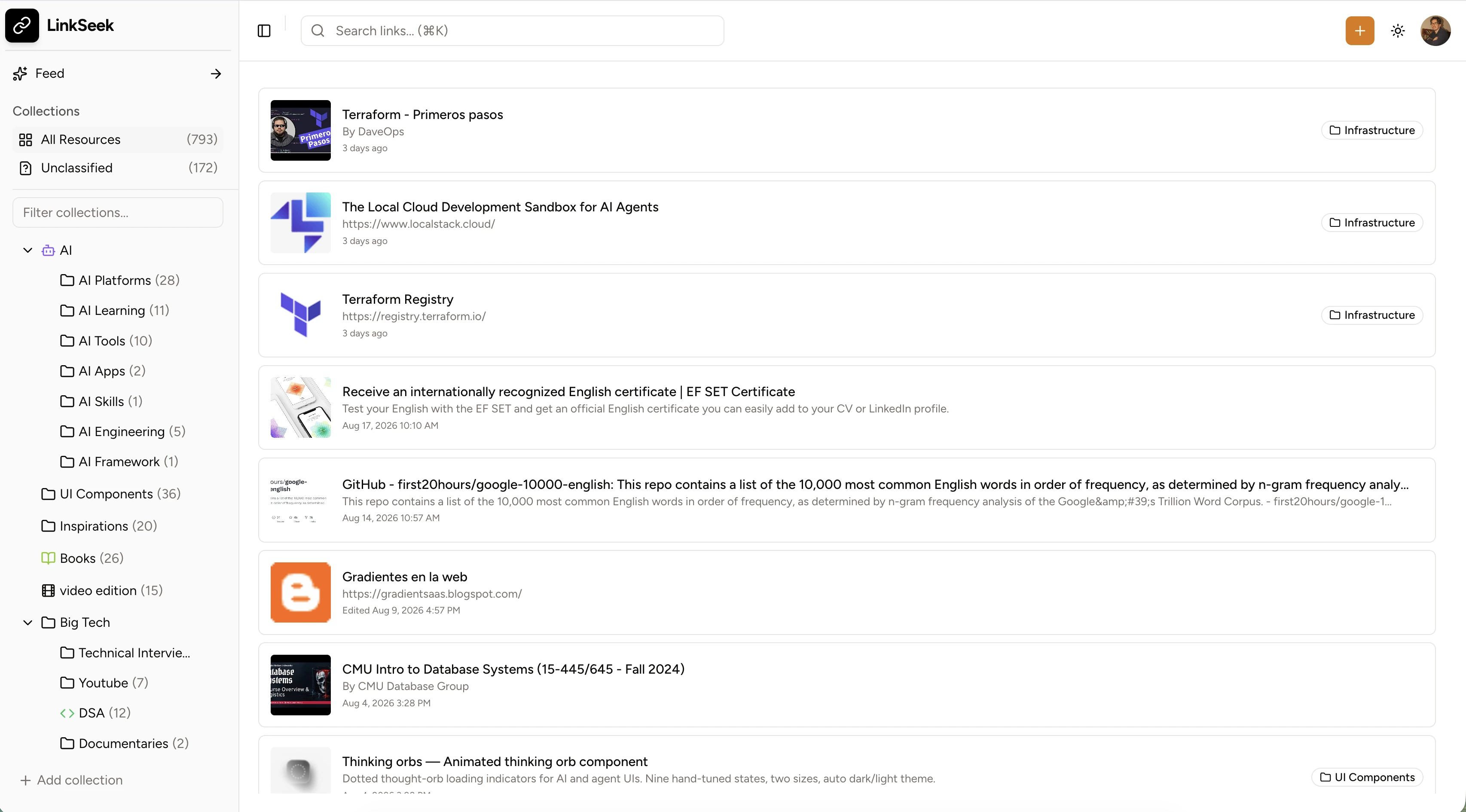 Linkseek bookmark library with search and nested collections.