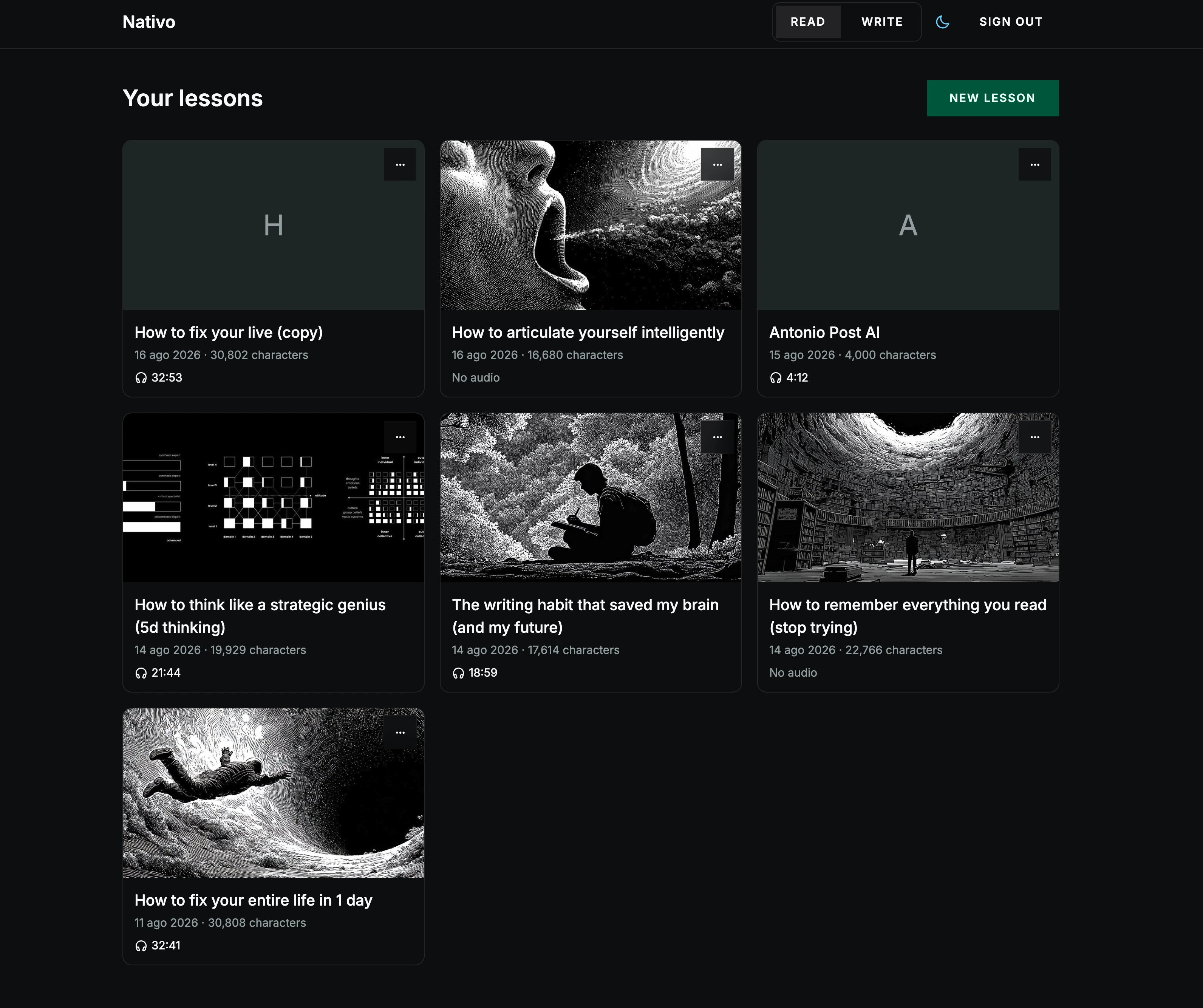 Nativo lesson library with imported texts and generated audio.