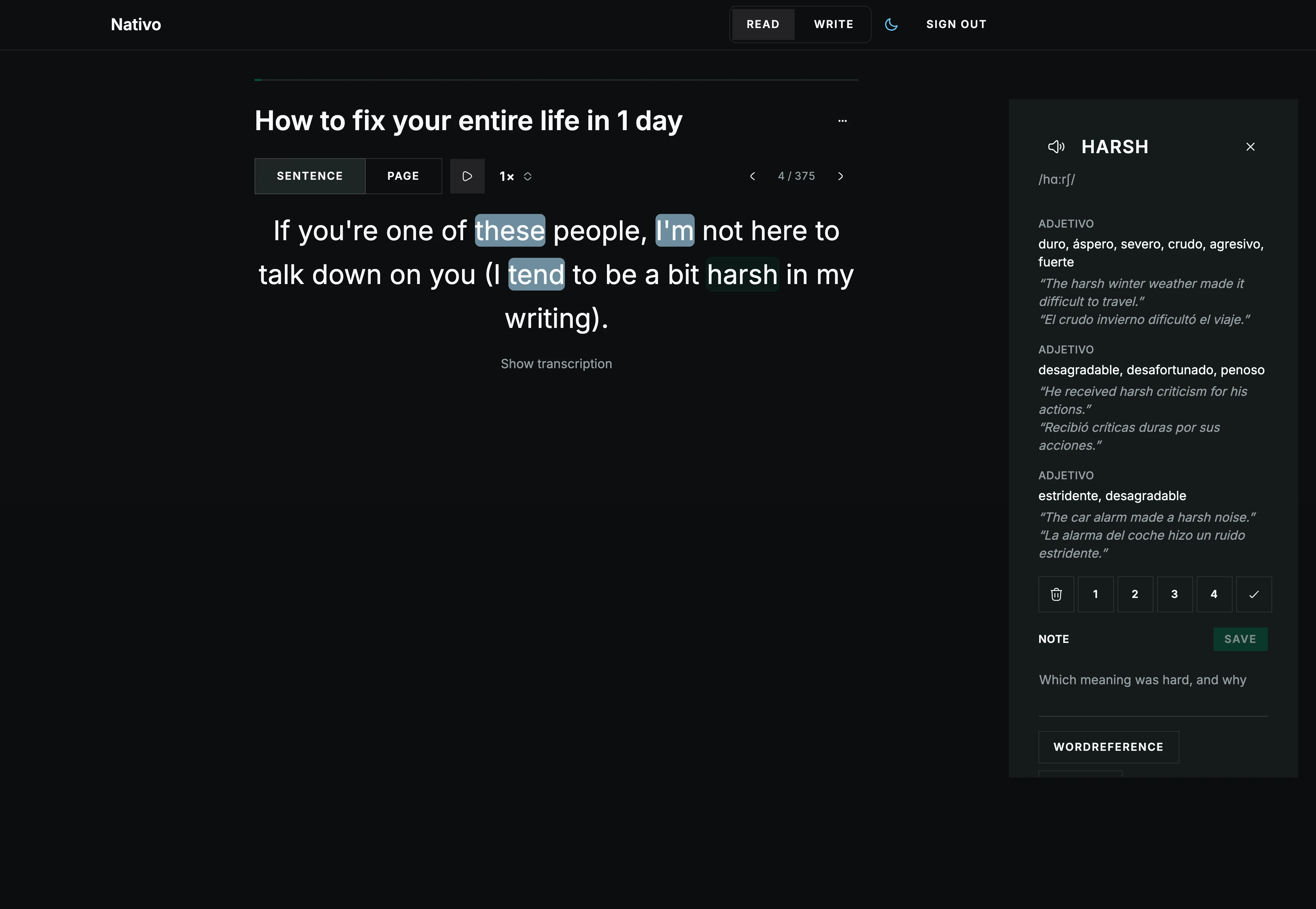 Nativo reading view with audio playback and contextual vocabulary definitions.