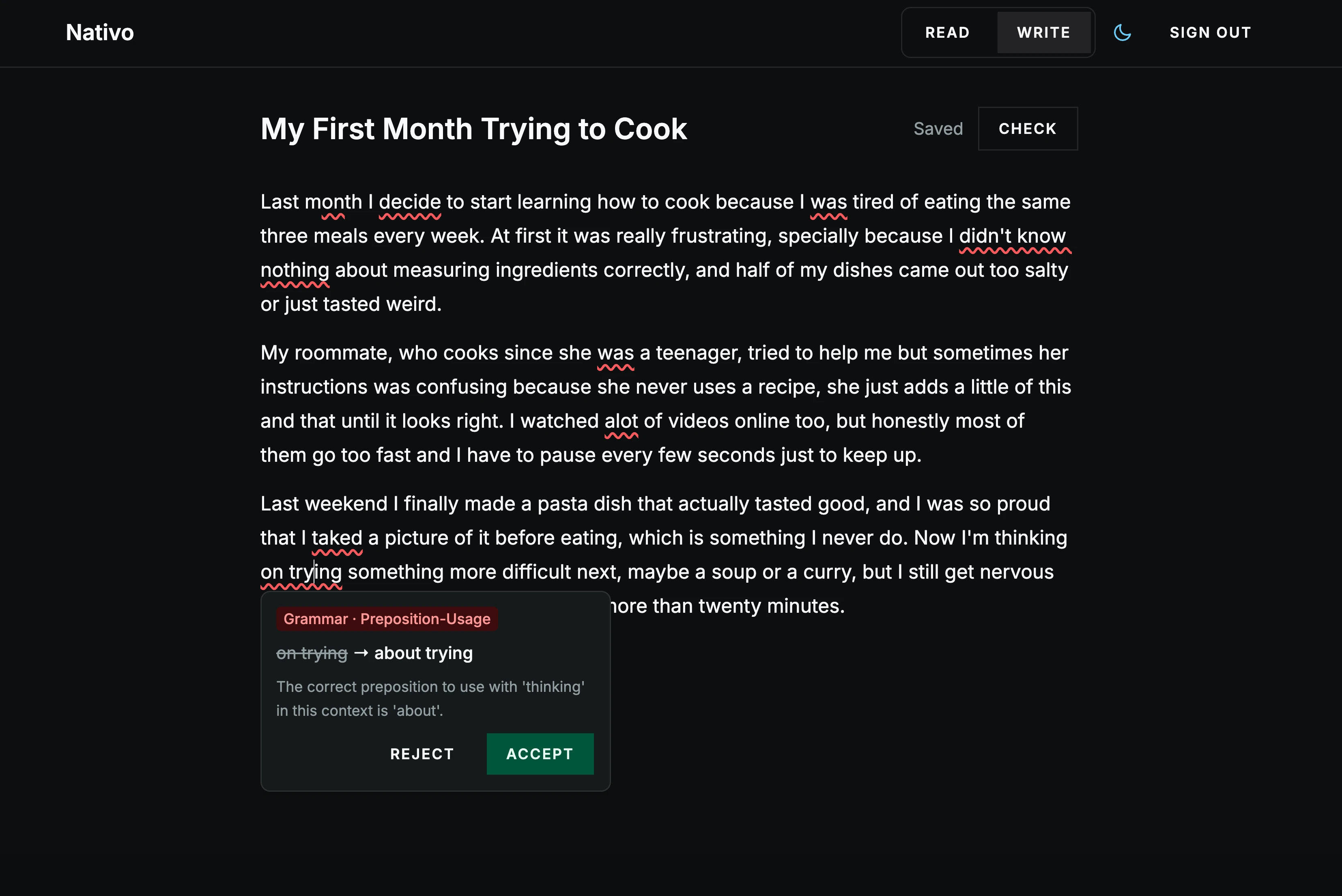 Nativo writing editor with grammar suggestions to accept or reject.